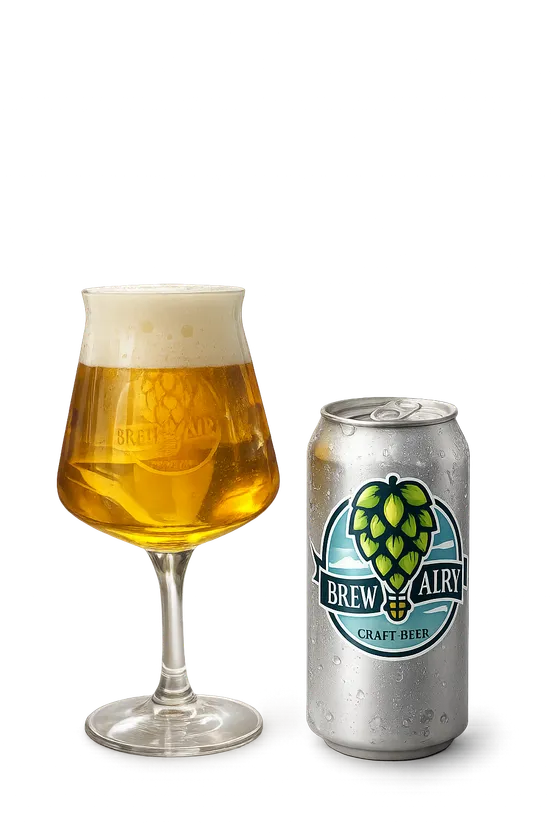 A Brewairy beer poured beside its can